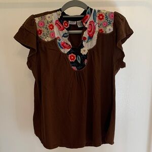 Charming Charlie Brown Blouse with Floral Embroidery